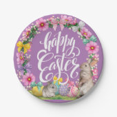 Happy Easter Script Floral lavender Easter Bunny Papieren Bordje (Voorkant)