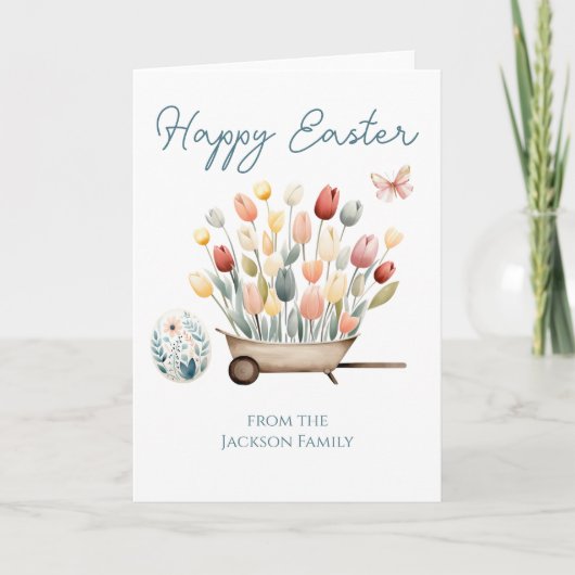 Happy Easter Script Tulip Wheel Barrel Feestdagen Kaart (Voorkant)
