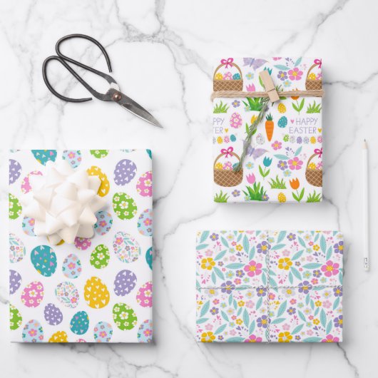 Happy Easter Spring Bloemen Easter Eggs Baskets Inpakpapier Vel (Voorkant)