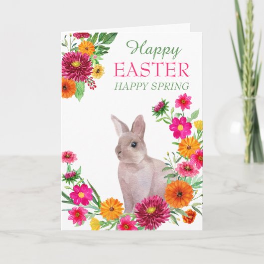 Happy Easter Spring Floral Wreath Bunny Feestdagen Kaart (Voorkant)
