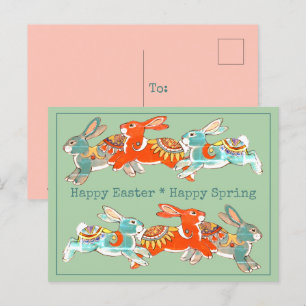 Happy Easter Spring Konijn Roze Munt Tribal Uniek Feestdagenkaart