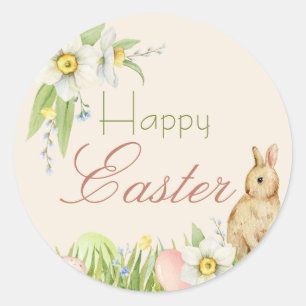 Happy Easter Sweet Bunny Waterverf Bloemen Ronde Sticker