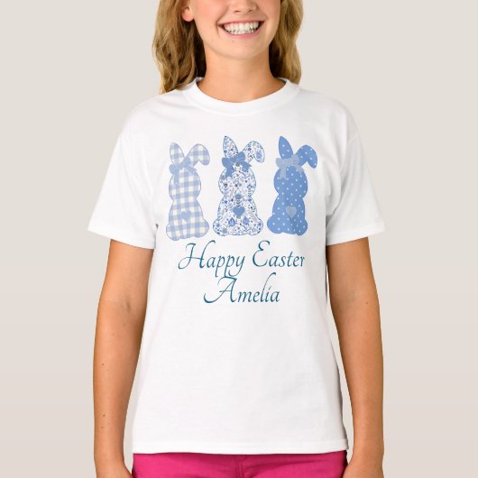 Happy Easter Three Bunny Blue gepersonaliseerd T-s T-shirt (Voorkant)