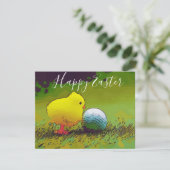 Happy Easter tot golfer met kip en golfbal (Staand voorkant)