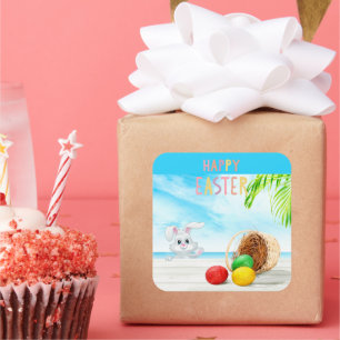 Happy Easter Tropical Ocean Beach Coastal Holiday Vierkante Sticker