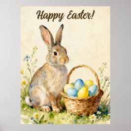 Happy Easter Vintage Bunny with Egg Basket Poster