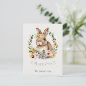 Happy Easter Waterverf Bunny en Flowers Easter Feestdagenkaart (Staand voorkant)