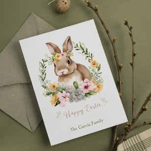 Happy Easter Waterverf Bunny en Flowers Easter Feestdagenkaart