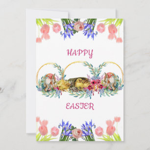 Happy Easter Waterverf Egg Chick Lila Roos Tulip Feestdagenkaart