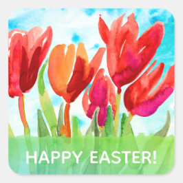 Happy Easter Waterverf Red Tulips Square Stickers