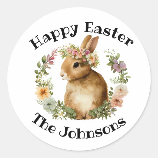 Happy Easter Waterverf Retro Paashaas Bloemen Ronde Sticker (Voorkant)