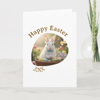 Happy Easter white bunny year photo family name Kaart