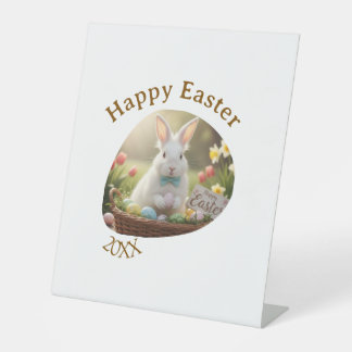 Happy Easter white bunny year photo family name Reclamebord Met Voetstuk