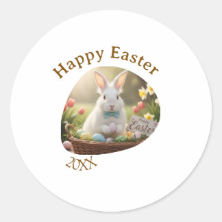 Happy Easter white bunny year photo family name Ronde Sticker