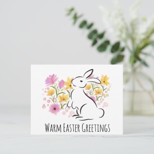 Happy Easter White Rabbit Flowers Briefkaart (Staand voorkant)