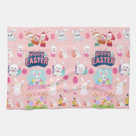 Happy Easter Wishes - Pattern Funny Bunny Easter Theedoek (Horizontaal)