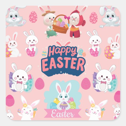Happy Easter Wishes - Pattern Funny Bunny Easter Vierkante Sticker (Voorkant)