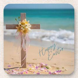 Happy Easter Wooden Cross and Lilies on Beach Bier Onderzetter