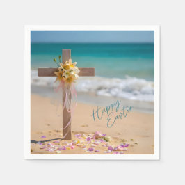 Happy Easter Wooden Cross and Lilies on Beach Servet