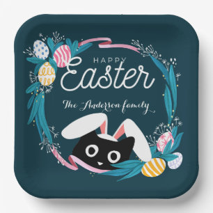 Happy Easter Wreath, Black Cat met bunny ears Papieren Bordje