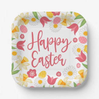 Happy Easter | Yellow and Red Floral  Papieren Bordje