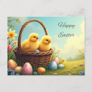 Happy Easter Yellow Chicks in Wicker Basket Feestdagenkaart