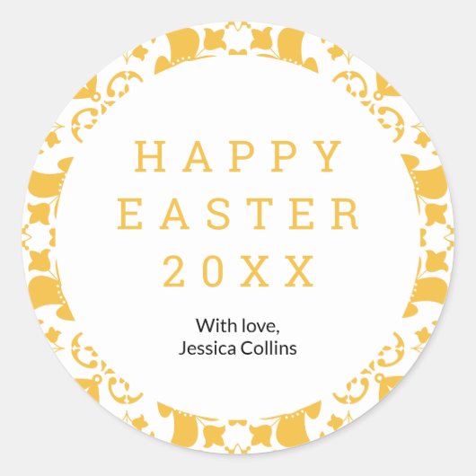 Happy Easter Yellow Elegant Bloempatroon Custom Ronde Sticker (Voorkant)