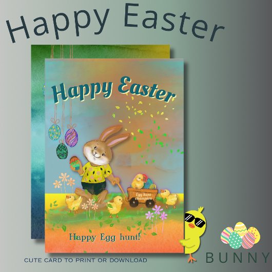 Happy Egg Hunt Bunny & Chicks Oranje Vakantie Kaar Feestdagenkaart