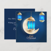 Happy Eid Gold Crescent Islamic Lantern Blue Feestdagenkaart (Voorkant / Achterkant)
