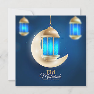 Happy Eid Gold Crescent Islamic Lantern Blue Feestdagenkaart