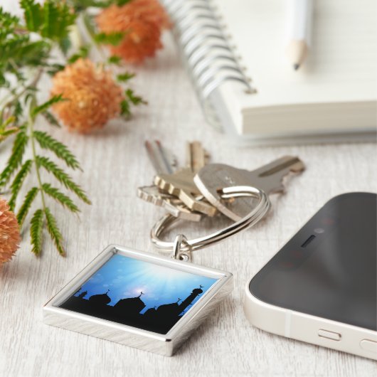 Happy Eid-moskee met zonnestralen Sleutelhanger (Zijkant)