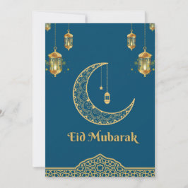 Happy Eid Mubarak Blauw en Gouden Halve Maan Feestdagenkaart
