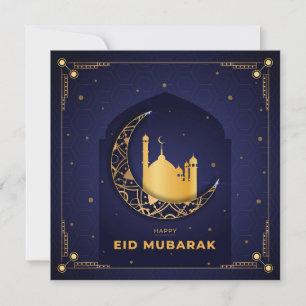 Happy Eid Mubarak Gold Crescent Star Mosque Blue Feestdagenkaart