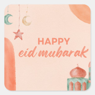 Happy Eid Mubarak Waterverf Moskee Vierkante Sticker