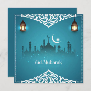 Happy Eid Mubarak White Cresent Star Mosque Blue Feestdagenkaart