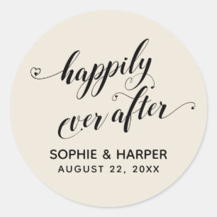 Happy Ever After Hearts Script Natuurlijke Crème Ronde Sticker