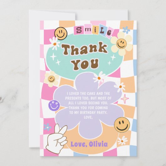 Happy Face Smile Groovy Checkered Verjaardag Bedankkaart (Voorkant)