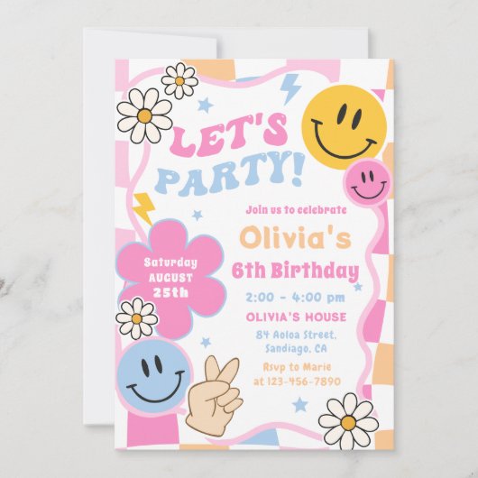 Happy Face Smile Groovy Checkered Verjaardagsfeest Kaart (Voorkant)