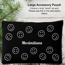 Happy Faces Wit op Zwart - GROTE accessoire Pouch Etui