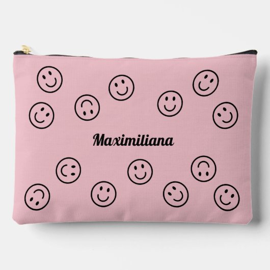 Happy Faces Zwart op Roze - GROTE accessoire Pouch Etui (Voorkant)