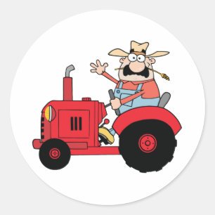 Happy Farmer in Red Tractor die een groet afzwaait Ronde Sticker