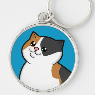 Happy Fat Calico Cat Metal Round Sleutelhanger