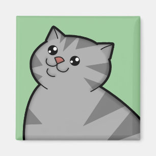 Happy Fat Silver Tabby Cat Square Magnet Magneet