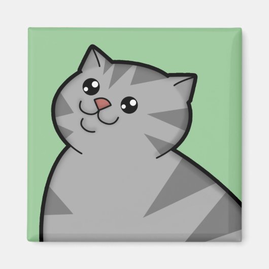 Happy Fat Silver Tabby Cat Square Magnet Magneet (Voorkant)