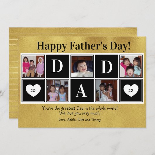 Happy Father's Day 5 Photo Gold Flat Greeting Card Kaart (Voorkant / Achterkant)