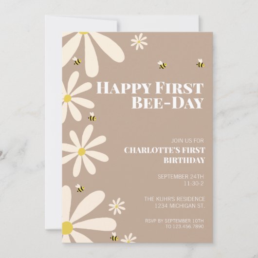 Happy First Bee Day Kinder First Birthday Invitati Kaart (Voorkant)