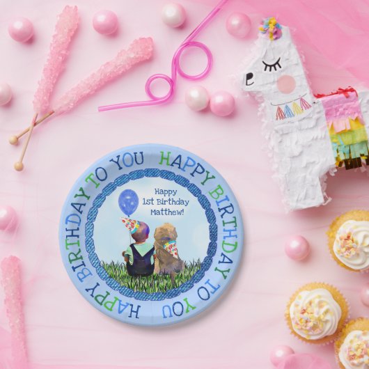 Happy First Birthday Boy and Dog Papieren Bordje (Feest)