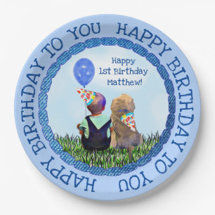 Happy First Birthday Boy and Dog Papieren Bordje