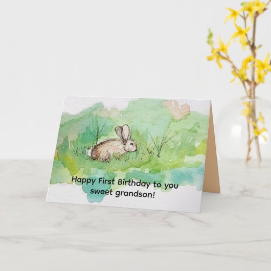 Happy First Birthday Grandson Cottontail Rabbit Kaart (Gele Bloem)