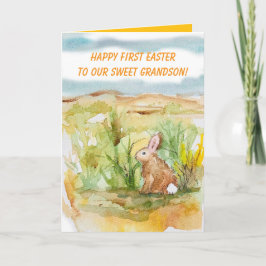 Happy First Easter Grandson Rabbit Wildflowers Kaart